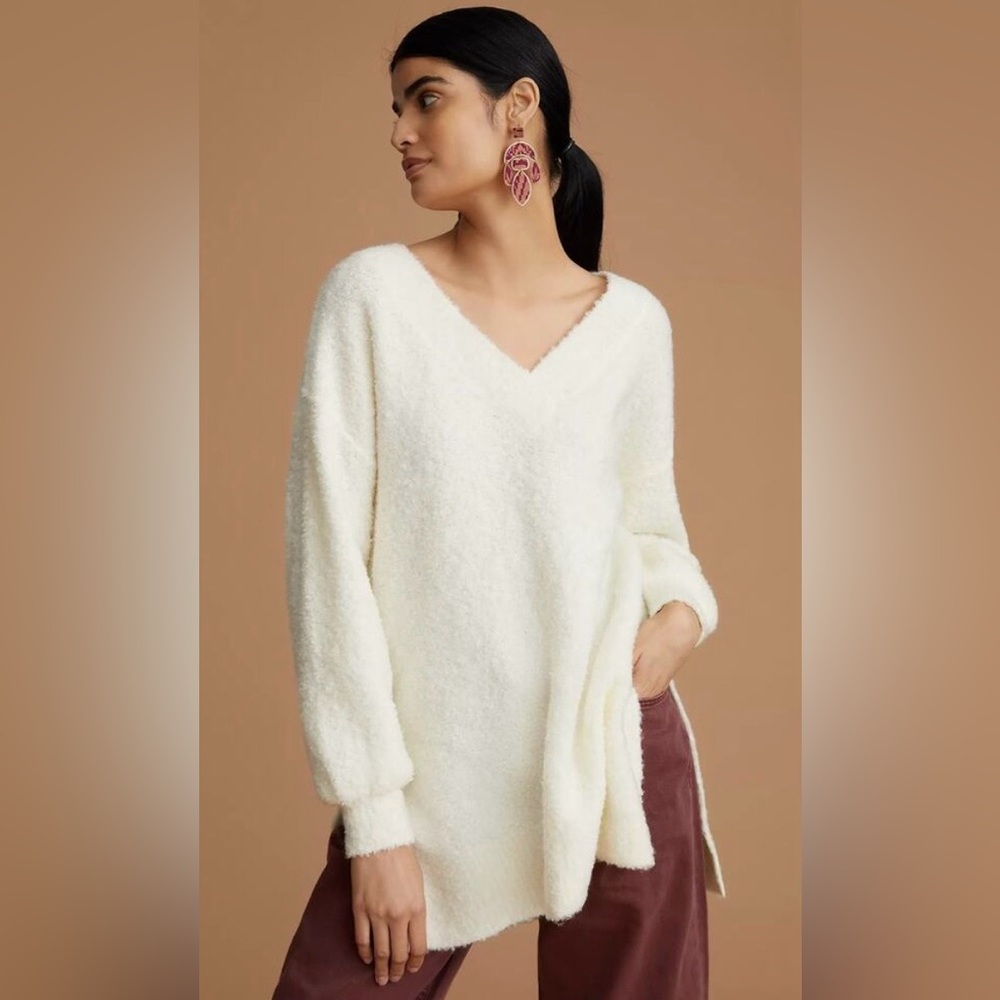 Anthropologie Pilcro Sweater Women’s XS Teddy V Neck Tunic Ivory Boho Wool Blend